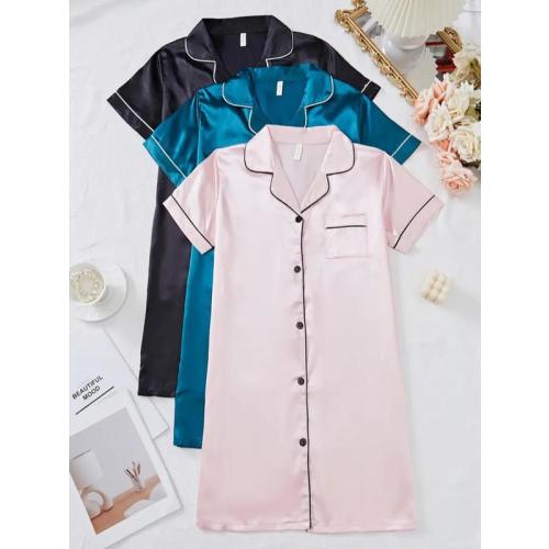 Women's Contrast Binding Button Front Satin Pyjama Dress, Casual - TikTok Shop
