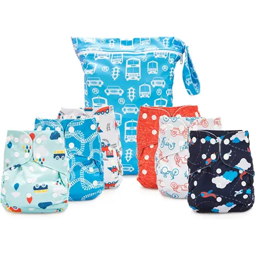 Simple Being Reusable Cloth Diapers, One Size Adjustable, Washable Soft Absorbent, Waterproof Cover, Eco-Friendly Unisex Baby Girl Boy, six 4-Layers Microfiber Inserts (Planes/Trains)