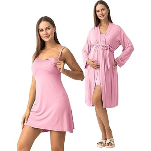 SUNNYBUY Women's Nursing Nightgown Maternity Robe Set, 3 in 1 Labor Delivery Breastfeeding Dress Postpartum Sleepwear