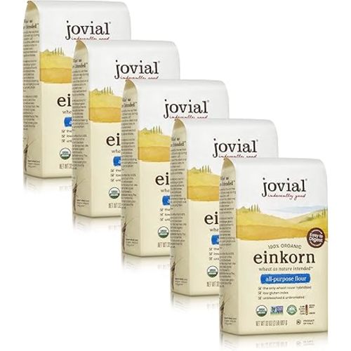 Jovial Organic Einkorn Unbleached All Purpose Flour - Bread Baking Flour for Sourdough, High Protein, Non-GMO, Organic Pizza & Pasta Flour, European Italian Flour, Glyphosate Free - 32 Oz, 5 Pack