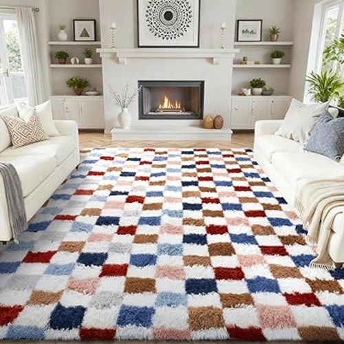 Ophanie Checkered Rainbow Rug for Living Room Bedroom, Colorful Fluffy Soft Cute Fuzzy Area Rugs, Shag Plush Shaggy Bedside Floor 8x10 Furry Carpet for Kids Teen Dorm Nursery Home Decor Aesthetic