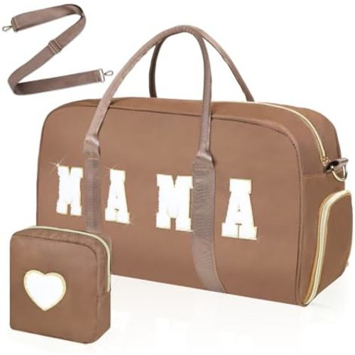 Mama Hospital Bag for Women Labor and Delivery Nylon Chenille Letter Embroidered Duffle Overnight Weekender Bag with Shoes Compartment Mothers Day Gifts (Brown, Mama)