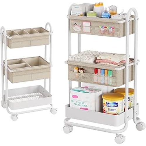 Baby Diaper Caddy Organizer Cart - 3 Tier Rolling Storage Cart with Wheels, Baby Essentials Nursery Storage, Detachable Dividers - for Crib, Bedroom, Art & Craft Organizer (Off White)