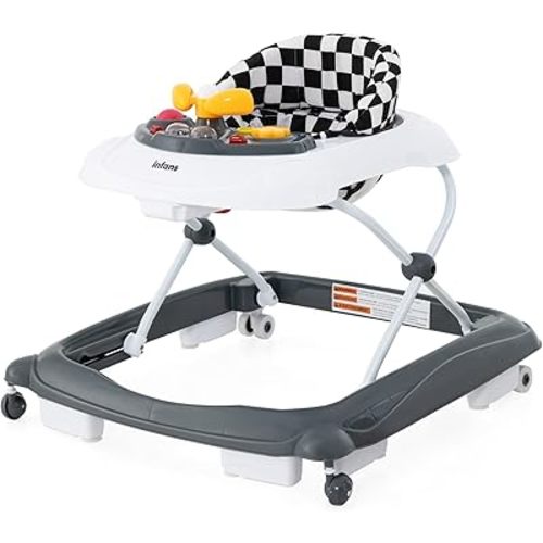 INFANS Foldable Baby Walker, 3 in 1 Toddler Walker Leaning-Seated Walk-Behind with Removable Music Tray, Adjustable Height, Washable Seat Cushion for Boys and Girls (Checkerboard)
