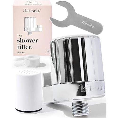 Kitsch Shower Filter Head for Hard Water - Shower Head, Water Filter Softener For Hair Nails and Skin Vitamins, Removes Heavy Metal & Harmful Substance, Easy Installation Bathroom Accessories - Chrome