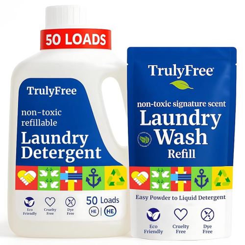 Truly Free Natural Laundry Detergent for Sensitive Skin | Eco Friendly, Plant Based, Baby Clothes Safe | Clean & Easy Powder to Liquid, 1 Pack Detergent + 1 Refillable Jug | Signature Scent, 50 Loads