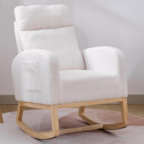 Krinana Nursery Rocking Chair with Solid Wood Legs, Glider Chair for Nursery with Side Pocket, Rocker Armchair for Living Room Bedroom (White, Teddy Fabric)