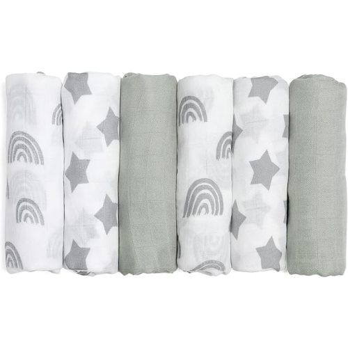 GLLQUEN BABY Receiving Blanket Boy Cotton Muslin Swaddle Blankets Girl Newborn Squares Breathable & Soft Thin Baby Blankets Cloths Double Absorbent Infant Swaddling Wrap - 6 Pack (Star)