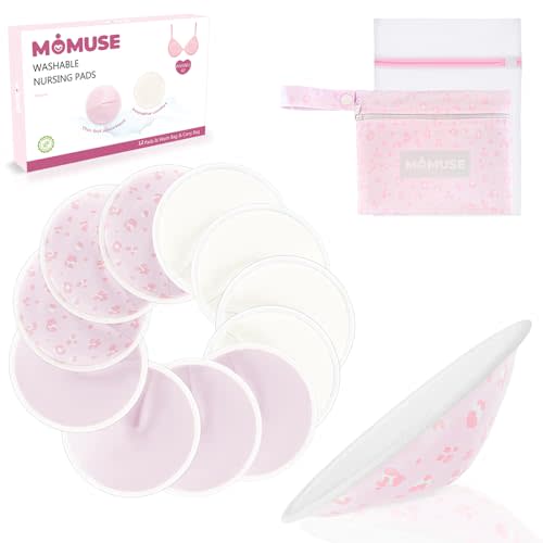 MOMUSE Organic Reusable Nursing Pads 12 Pack,Ultra Smooth Fabric & Fast Absorbent Breathable Washable Nursing Pads for Breastfeeding Essentials,Invisible Cup-Shaped,Waterproof Bag + Wash Bag