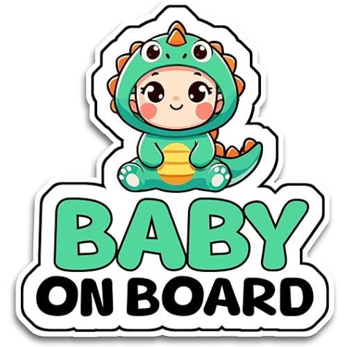 Baby on Board Car Sticker, 6.5 x 6 inches Cute Baby Dinosaur on Board, Waterproof and UV-Resistant Baby on Board Sticker, Durable Baby Sign for Safety Awareness, Easy to Apply for Window or Bumper