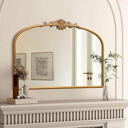 Besdomus Antique Arched Gold Mirror: 32"x24" Large Gleaming Gold Antique Wall Mounted Mirror - Baroque Traditional Ornate for Fireplace/Bathroom/Living Room - Wall Decor for Homemakers