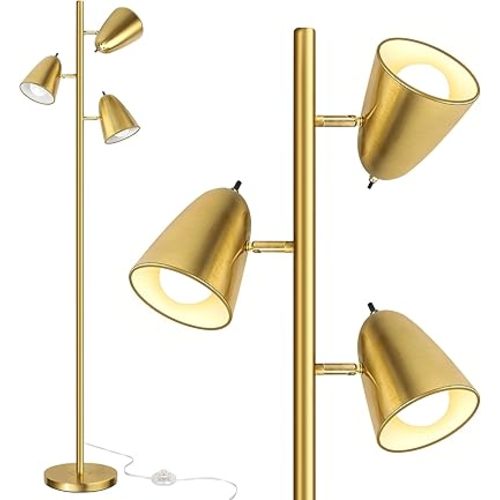 QiMH Tree Floor Lamp with 3 Light Bulbs, Standing Tall Pole Lamps for Living Room Bedroom Office, Reading Stand up Lamps with 3 Adjustable Arms, Brushed Gold