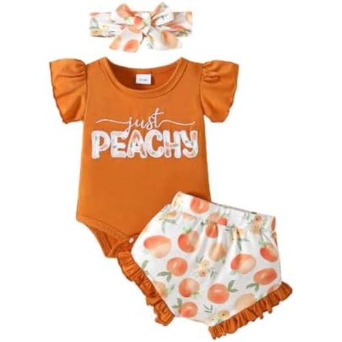 Newborn Infant Baby Girl Summer Clothes Ruffle Sleeve Just Peachy Romper+Peach Bloomer Short+Headband 3Pcs Outfit