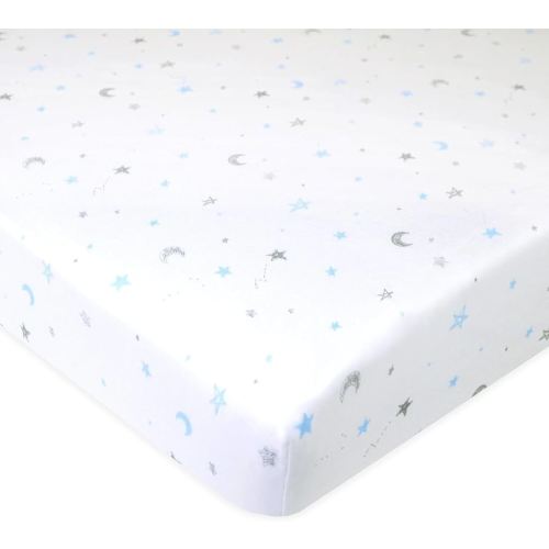 American Baby Company 100% Natural Cotton Fitted Pack and Play Sheet 39" x 27" - Soft & Breathable Pack N Play Sheet for Playpen, Playard & Mini Crib Mattress, Blue Stars and Moons, for Boys & Girls