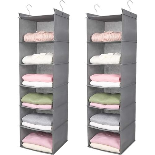 MAX Houser 6 Tier Shelf Hanging Closet Organizer, Closet Hanging Shelf with 2 Sturdy Hooks for Storage,2 Pack, Foldable (Light Grey)