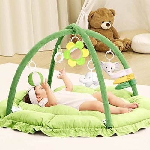 ANGELBLISS 5 in 1 Baby Play Gym Mat, Reversible Tummy Time Mat with 5 Sensory Toys for Stage-Based Developmental, Thick & Large Baby Activity Center from Newborn to Toddler (Green)