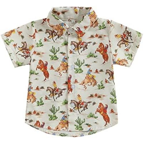 Western Baby Boy Clothes Cow Print Shirts Short Sleeve Button Down Lapel Neck Tops Summer T-Shirt 6M-4T