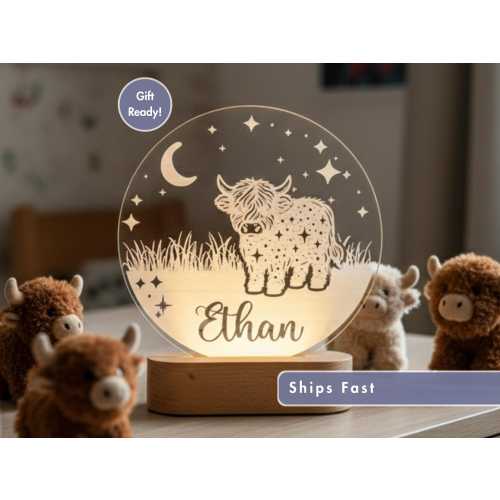 Custom Highland Cow Night Light - Personalized LED Lamp  Kids Room, Nursery Decor, Unique Baby Shower Gift, Boy/Girl Name Bedroom Nightlight