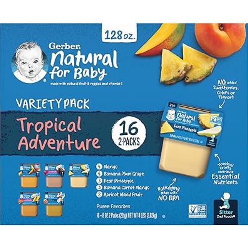 Gerber 2nd Foods Natural for Baby Tropical Adventure Baby Food, Variety Pack, 4 oz Tubs (32 Pack)