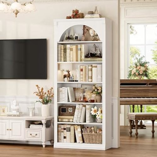 73" Tall White Bookshelf and Arched Bookcase, 6 Tier Open Shelves