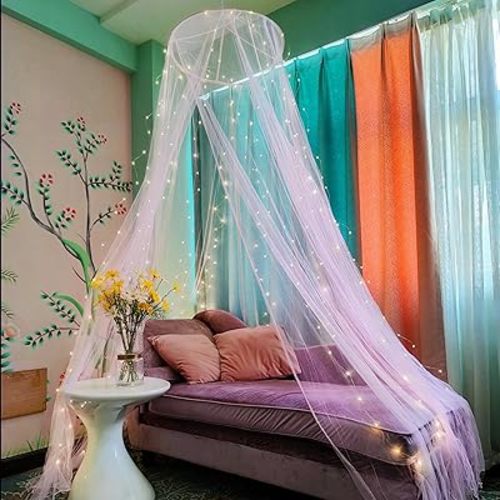 Eimilaly Bed Canopy Mosquito Net with 250pcs Warm Curtain Lights, Bed Canopy for Girls Room Decor or Theme Party, White/Warm Lights