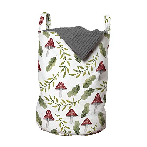 Ambesonne Mushroom Laundry Bag, Watercolor Pattern Green Leaves Forest Elements Botanical Woodland Theme, Hamper Basket with Handles Drawstring Closure for Laundromats, 13" x 19", Green Ruby