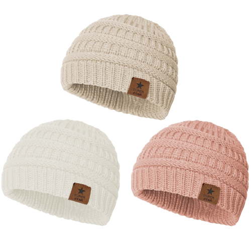 American Trends Warm Baby Knit Hat Cute Cozy Chunky Winter Cap Infant Toddler Baby Beanies for Boys Girls 3 Pack Indi Pink & Beige & White