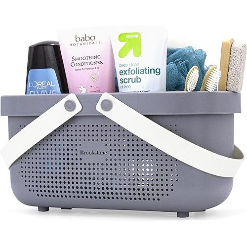 Brookstone BKH1633, Large Portable Shower Caddy with Soft Silicone Carrying Handle, Bathroom Organizer Basket, Plastic Bath Tote, Dries Quickly with Drainage Holes [BPA Free], Gray