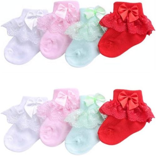 4 Pairs Baby Girls Socks Toddler Child Lace Ruffle Socks Set Princess Ankle Dress Socks with Lace and Bows