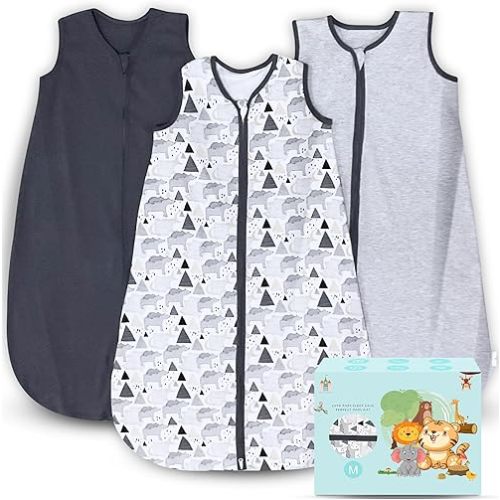 Cute Castle Baby Sleep Sack 6-12 Months - Lightweight 100% Cotton 2-Way Zipper TOG 0.5 Infant Wearable Blanket, Newborn Essentials Toddler Sleep Clothes, 3 Pack(Dark gray, Light gray, Bear)