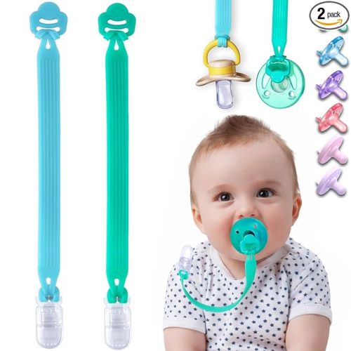 Silicone Pacifier Clip with Adapter Ring for Philips Avent Soothie, 2 Pack One-Piece Soft Binky Clips Holder for Baby Boys Girls, Anti-Loss Paci Clips for Baby Shower Newborn Essentials, Blue Green