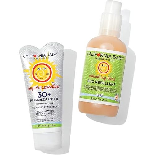 California Baby Super Sensitive Sunscreen + Natural Bug Spray | 2.9oz Unscented SPF 30+ Mineral Sunscreen + 6.5oz Natural Bug Repellent | Hypoallergenic | Formulated for Sensitive Skin