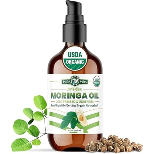 100% Pure Moringa Oil Organic for Face, Hair, Nails and Dry Skin - USDA Certified Single Origin Moringa Oleifera Seeds Extract - 3rd Party Tested, Cold Pressed & Unrefined Organic Moringa Seed Oil