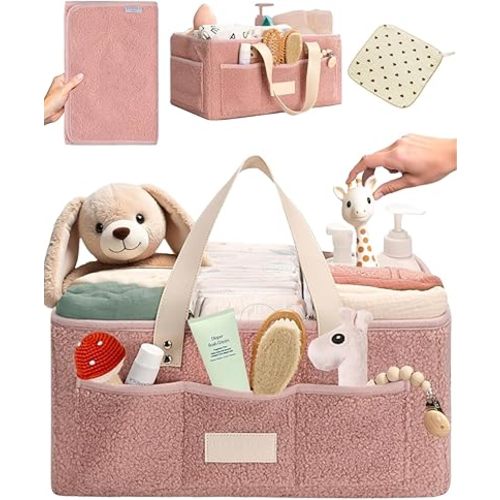 Baby Diaper Caddy Organizer with Portable Changing Mat and Heart Burp Cloth - Teddy Fleece Diaper Organizer for Changing Table - Baby Basket for Diaper Changing Essentials - Pink