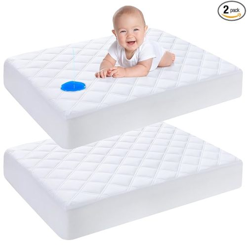 Waterproof Mini Crib Mattress Protector 2 Pack,Fitted Ultra Soft and Breathable Noiseless Quilted Mattress Pad Cover for Standard Baby Mini Crib Size 38"X24",Machine Washable,White