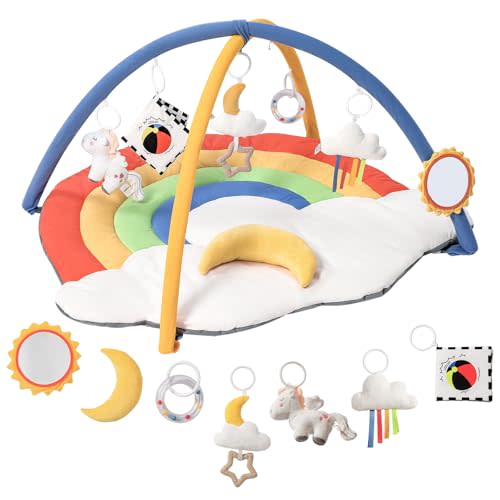 Baby Gym Play Mat with 6 Detachable Toys, Tummy Time Mat for Floor, Promote Motor Skills & Sensory Development Mat for Infant, Washable Baby Activity Mat, Easy to Install, Baby Essentials Gift-Rainbow