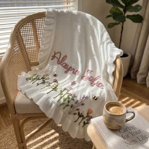 Hand-Knitted Floral Name Blanket, Baby Shower Gift, Newborn Keepsake,Pregnancy Announcement, Gift for baby shower, Best gift for baby