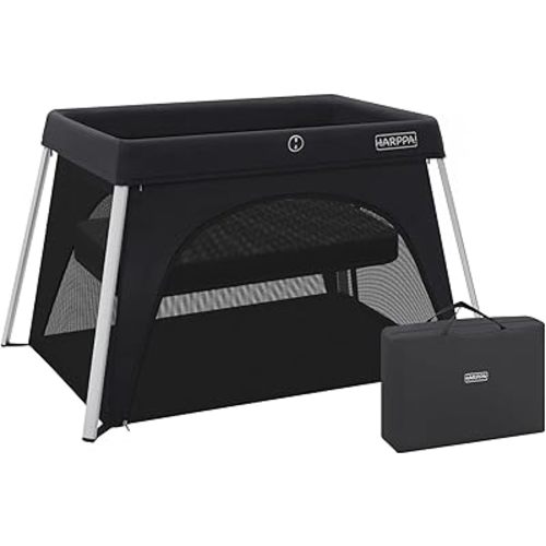 HARPPA Travel Crib with Comfy Mattress, Lightweight Portable Crib Requires No Assembly, Foldable Pack and Play for Baby and Toddlers, Compact Play Yard with Bed (Black)