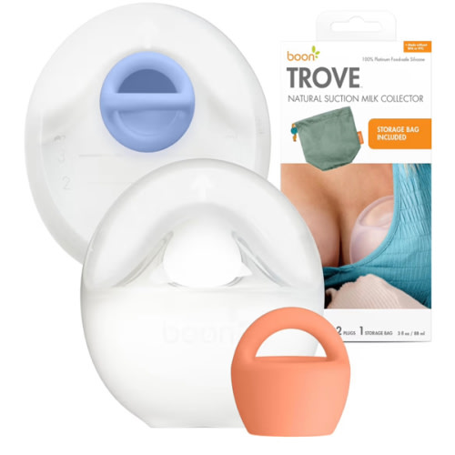 Boon Trove Silicone Manual Breast Pump Set - Hands Free Breast Milk Collector - Includes Polyester Travel Pouch - Breastfeeding Essentials - 2 Count