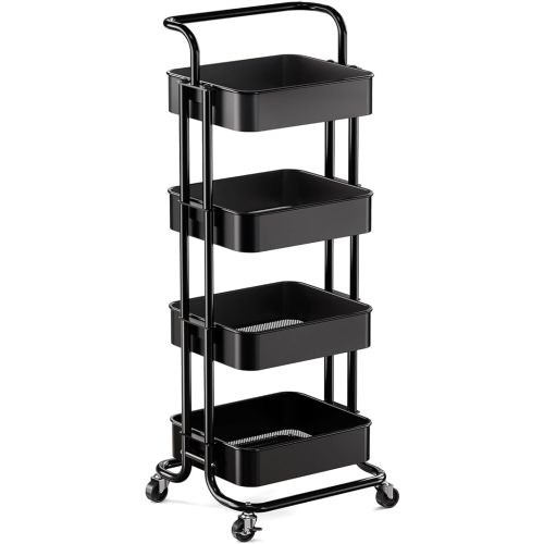 Pipishell 4 Tier Mesh Utility Cart, Rolling Metal Organization Cart with Handle and Lockable Wheels, Multifunctional Storage Shelves for Kitchen Living Room Office Black, PIUC12B