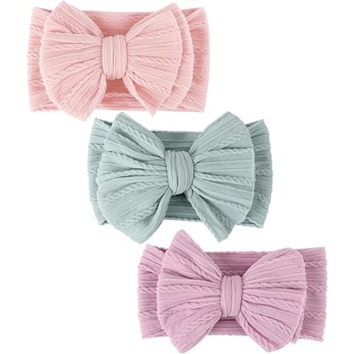 DRESHOW BQUBO Handmade Baby Headbands Soft & Stretchy Hair Bands with Bows Nylon Bows Hairbands for Girls Newborn Infant Toddlers Hair Accessories 3 pack