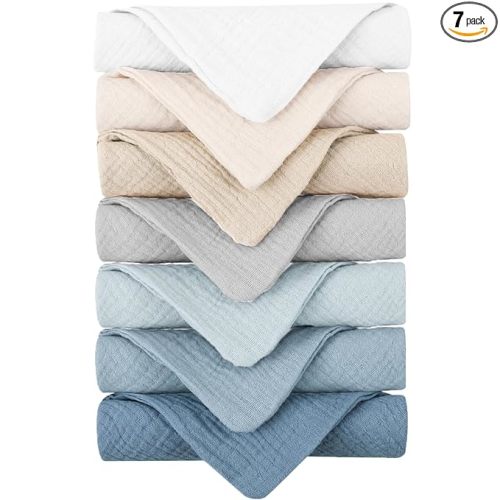 Konssy Baby Muslin Washcloths 7-Pack, 100% Cotton Baby Bath Washcloths, Soft & Absorbent Wash Cloths and Burp Cloths for Newborn Kids Girls & Boys, 11x11 inches