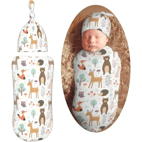 Cute Animals Fox Bear Deer Newborn Swaddle Blankets Hat Sets Soft Baby Receiving Blanket Swaddle Sack for Baby Shower Infant Boy Girl Gift