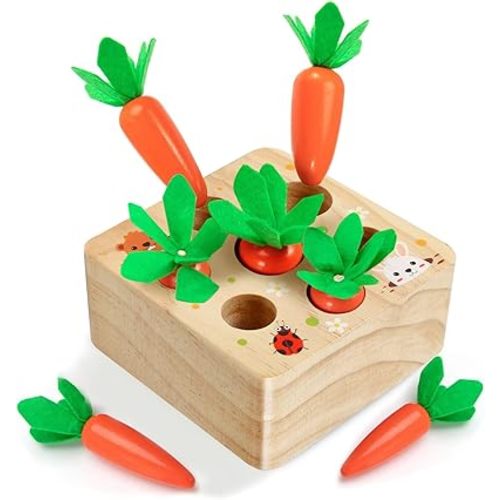 Montessori Toys for 1 Year Old, Montessori Baby Carrots Toy for 6-12 Months, Educational Wooden Carrot Harvest Game for Shape Sorting & Easter Toys, Birthday Easter Gifts for Babies Boys Girls