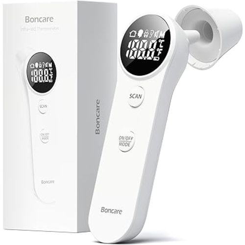 Boncare Ear and Forehead Thermometer, 2X Accuracy Infrared Digital Thermometer for Adults and Kids, 1 Second Reading, No Touch Baby with Fever Alarm, FSA and HSA Eligible