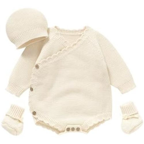 Unisex Baby 3 Piece Sweater Set Cotton Knit Romper with Hat and Booties, Long Sleeve Outfit Newborn Infant Clothes