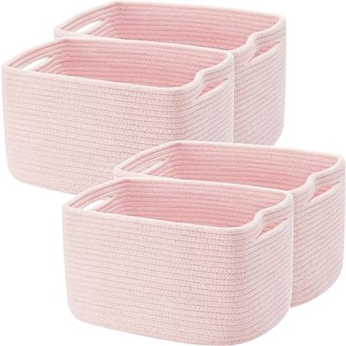 Set of 4 Pink Woven Cotton Rope Storage Baskets for Baby Girl Rectangle Basket for Book Towel Toy Storage