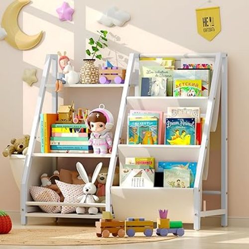 Kids Bookshelf Toy Storage Organizer - Front Facing Floor Book Shelf for Kids Rooms Small White Nursery Book Shelves for Bedroom, Wooden Toddler Bookcase, Montessori Book Rack for Baby Children