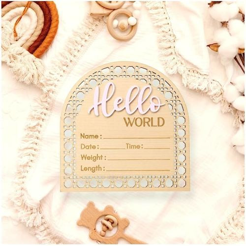 Bleed Proof Engineered Wood, Baby Announcement Sign, Hello World Newborn Sign, Birth Announcement Sign, Newborn Announcement Sign - 5.5" (Birch/LBlue)