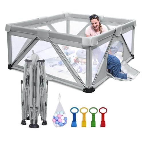 Baby Playpen Foldable, Heyo.Ja Large Play Yard, Playpen for Babies and Toddlers, Play Pens for Babies and Toddlers with Gate, Indoor & Outdoor Portable Play Pen (47x47in, Cold Grey)